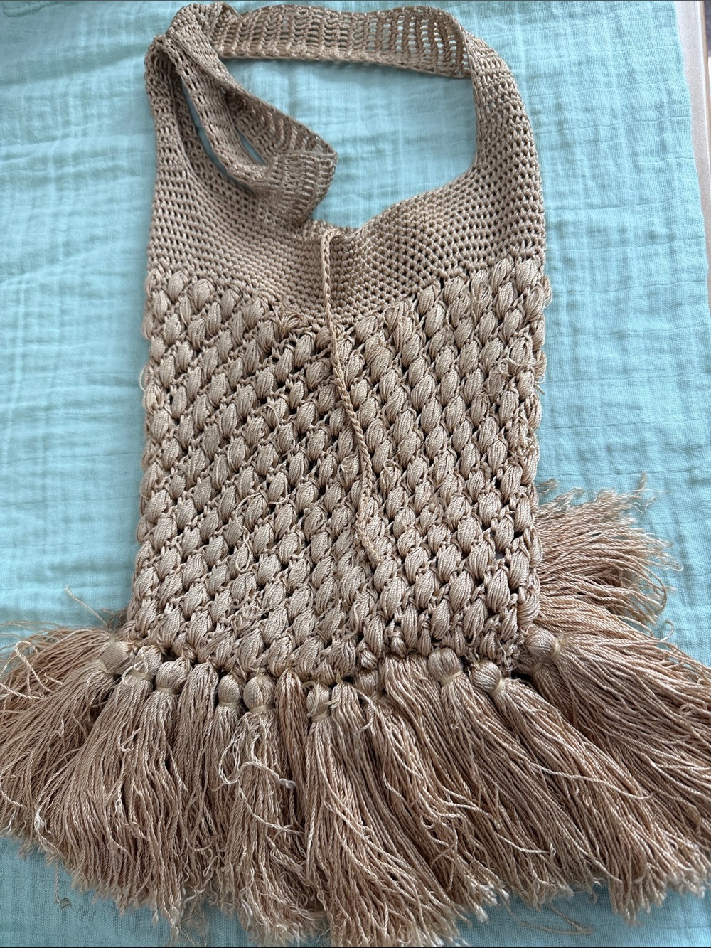 Anthropologie Tan Crochet Fringe shoulder bag